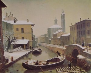 Angelo Inganni: Naviglio sotto la neve, cm. 105,5 x 131, Collezione privata.